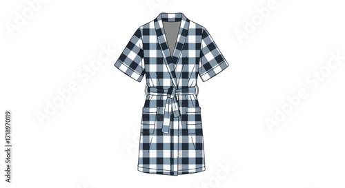 Illustration of a blue and white checkered bathrobe with a belt, digitally rendered for fashion design and loungewear apparel showcasing textile