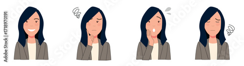 Set of woman character with different facial expressions: happy, thinking, stressed, worried, in pain. Perfect for concepts of emotions, psychology, health, avatar, and stickers.