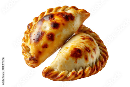 Argentina and Uruguay empanadas stacked in a pyramid, golden baked crust, meat and potato filling, isolated on white transparent background, concept of traditional South American Cuisine