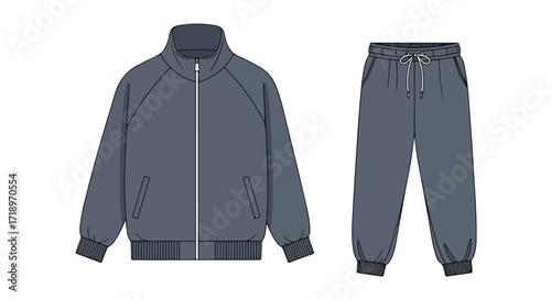 Athletic wear garment sketch showcasing a stylish tracksuit with jacket and jogger pants rendered in detailed blueprint style illustration