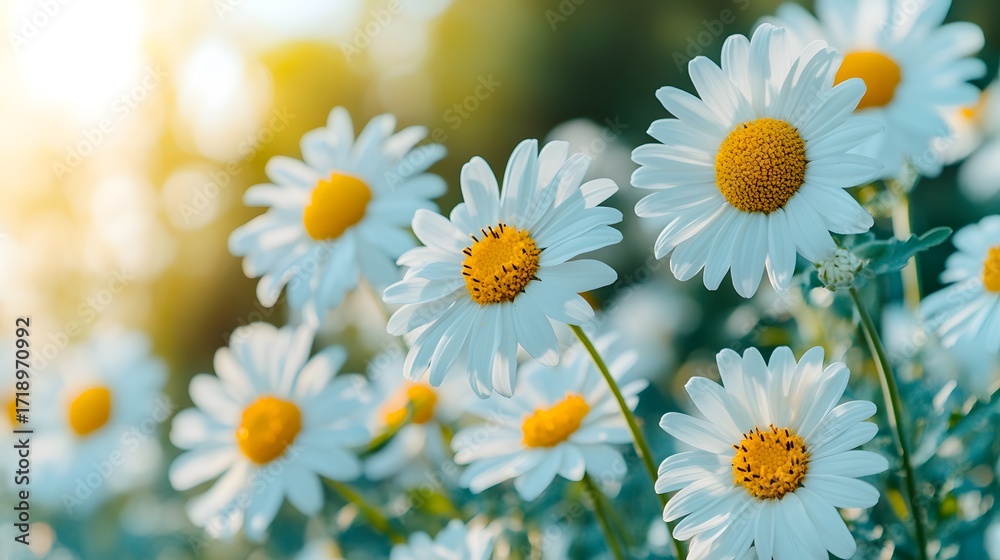 Fototapeta premium Bright daisies bloom in a sunlit field during springtime, showcasing nature's beauty and freshness