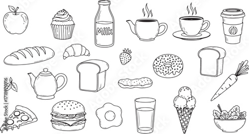 Illustration of collection of food and drink icons isolated on white background