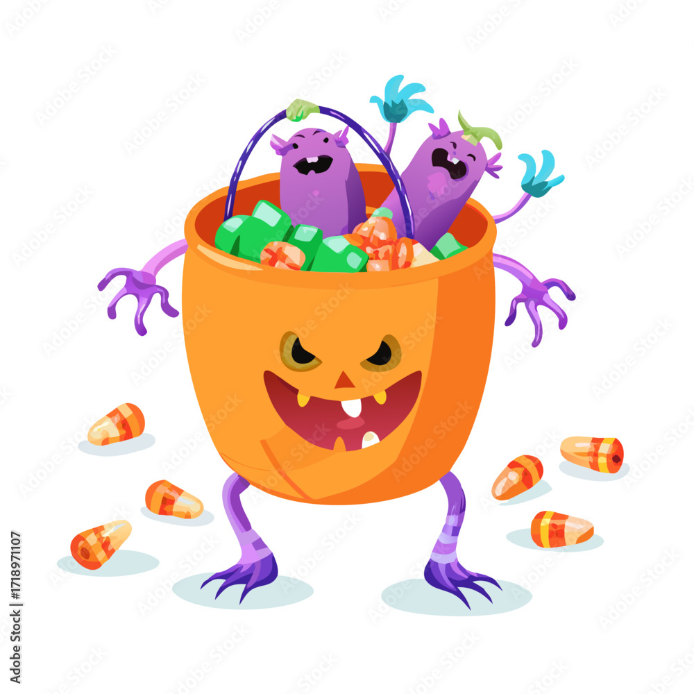 Naklejka premium Running candy bucket monster Halloween vector illustration