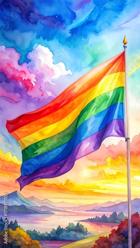 Colorful Pride flag waving over landscape