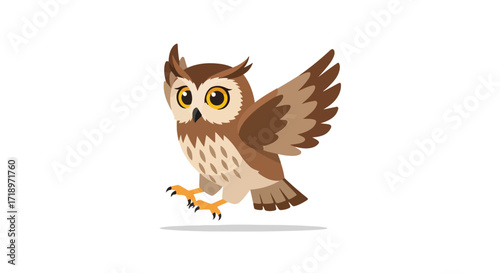 Enchanting cartoon illustration showcasing an owl with its wings spread against a stark white backdrop making it more appealing