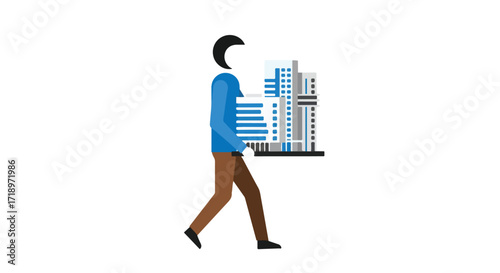 Flat vector illustration featuring a construction worker carrying city buildings  model in a tray presenting urban planning