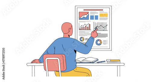 Analyst interpreting business performance metrics shown on statistical charts and diagrams reviewing reports in the office reviewing data and