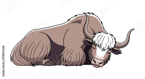 Stylized Illustration of a Resting Yak with Detailed Fur and Simplified Features Creating a Peaceful Image Depicting Tranquility