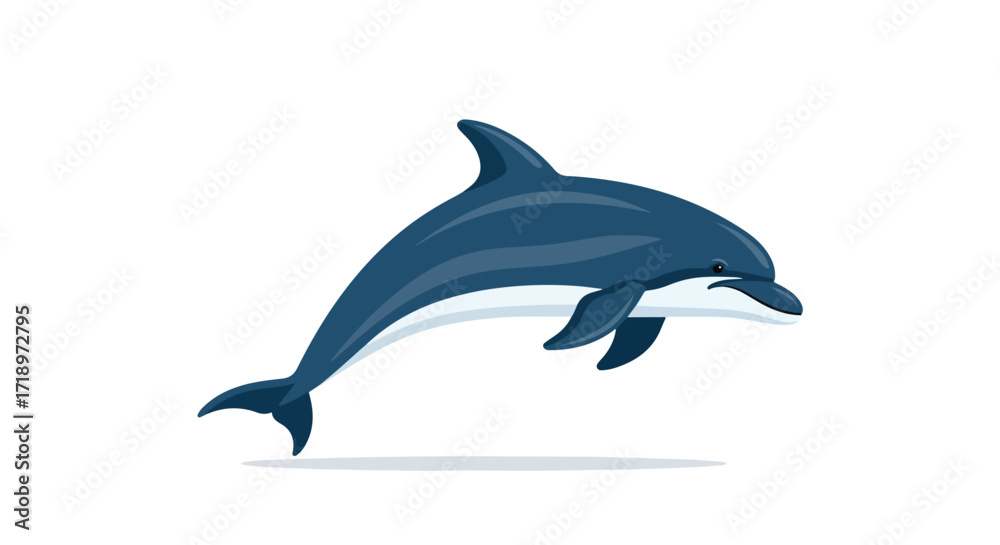Fototapeta premium Animated Dolphin Leaping with Graceful Ease Against a Minimalist White Background, Cartoon Style Marine Mammal