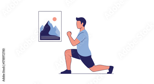 Man doing forward lunge exercise in living room with abstract mountain art enhancing the wellness ambiance