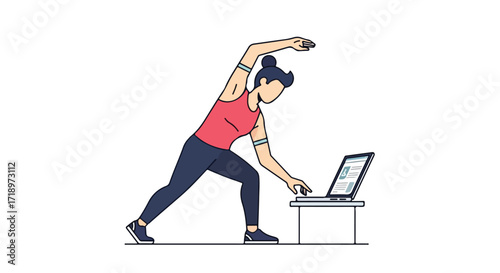 Woman embracing online fitness and stretching routine via laptop in a minimalistic design with bright colors showcasing a balanced lifestyle