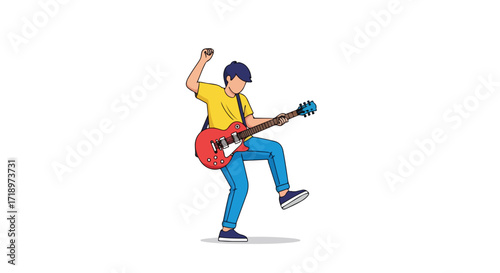 Passionate guitarist enthusiastically playing an electric guitar with energetic youthful vitality and exuberant stage presence showcasing animated
