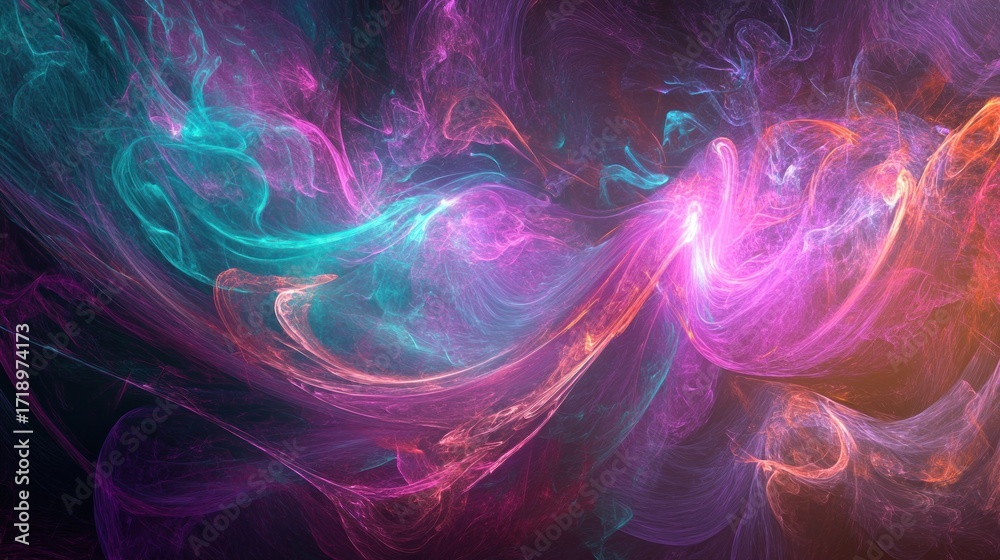 Obraz premium A surreal abstract background with flowing neon trails, light curves, and soft gradients of purple, pink, and teal, creating a dreamy and fluid scene
