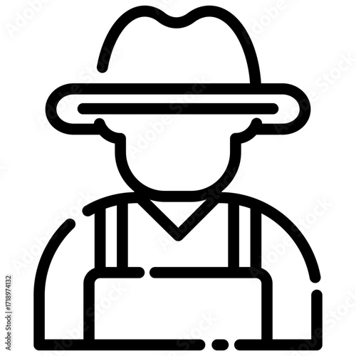 Line art icon of a farmer wearing overalls.