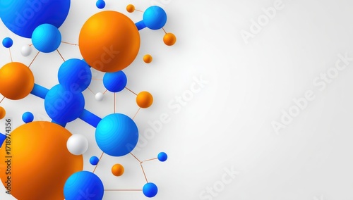 A visually engaging abstract design showcases interconnected spheres in vibrant blue, orange, and white, creating a dynamic molecular structure against a plain white background.