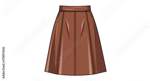 Stylized illustration of a brown a-line skirt with seams and slight pleating detail adding texture and depth for fashion concepts, apparel design,