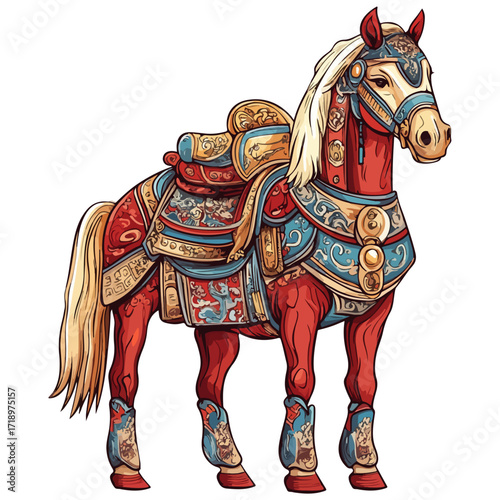 god of wealth horse, asian, horse, dressed up for new year festival celebration, vector, transparent background, asia, animal, festival, culture, isolated, mammal