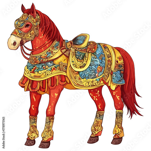 god of wealth horse, asian, horse, dressed up for new year festival celebration, vector, transparent background, asia, animal, festival, culture, isolated, mammal