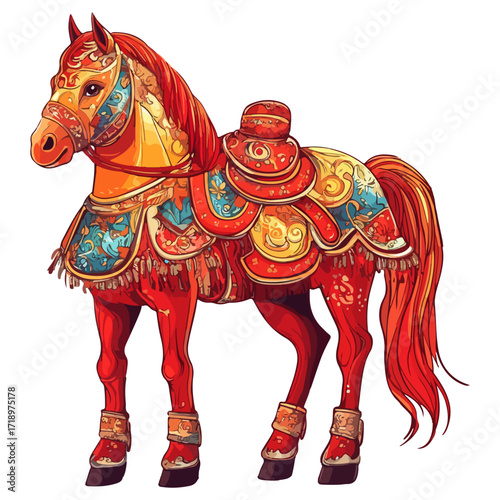 god of wealth horse, asian, horse, dressed up for new year festival celebration, vector, transparent background, asia, animal, festival, culture, isolated, mammal