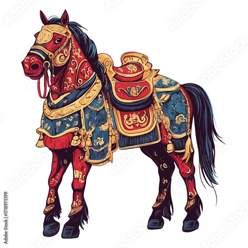 god of wealth horse, asian, horse, dressed up for new year festival celebration, vector, transparent background, asia, animal, festival, culture, isolated, mammal