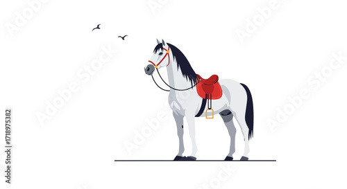 Elegant white horse with a red saddle standing tall watching the horizon with flying birds, representing freedom and natural beauty