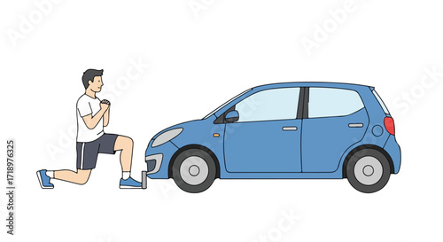 Comical illustration of a man seemingly praying to a blue compact car on white background, visual representation of modern dependence