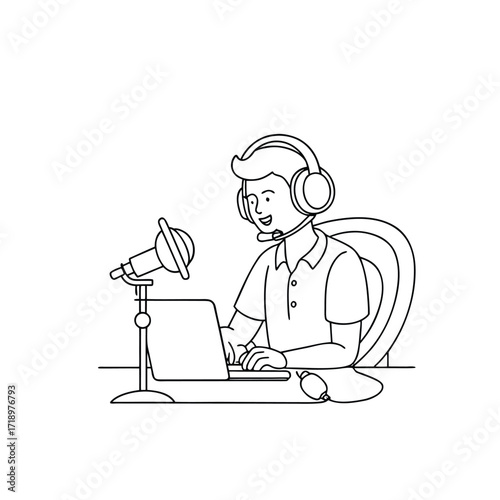 Studio Microphone with Podcast Setup Line Art Illustration