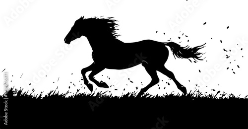 illustration of a black horse running in grass
