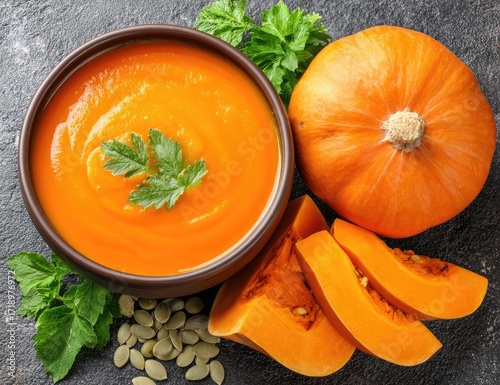 Pumpkin soup in bowl, with pumpkin slices and seeds