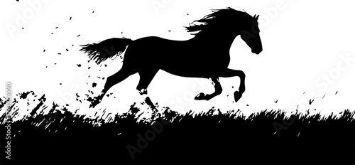 illustration of a black horse running in grass