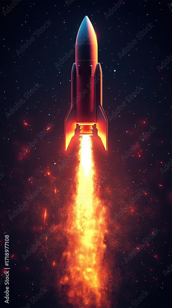 Fototapeta premium Rocket launching into outer space with flame.