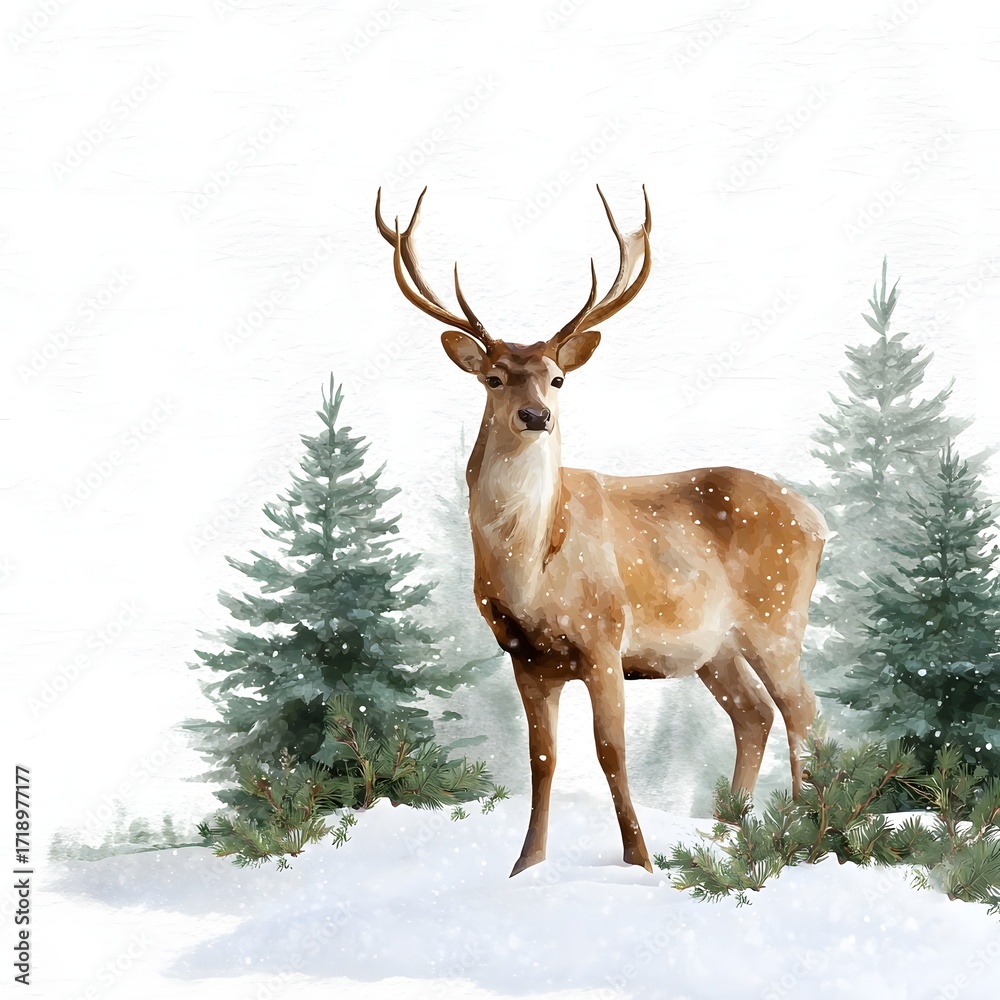 Obraz premium Majestic deer stag standing in a snowy pine forest