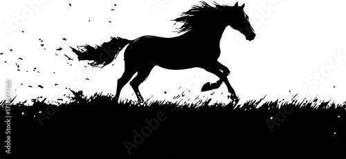 illustration of a black horse running in grass