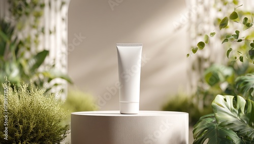 Blank white tube product on light beige pedestal amidst lush greenery