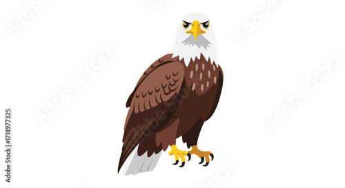 Detailed cartoon illustration showcasing a majestic bald eagle with sharp yellow eyes and an imposing posture on an isolated background