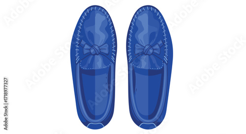 A pair of vector illustration of cobalt blue moccasin-style shoes with detailed stitching and a classic bow design, stylish footwear flat lay