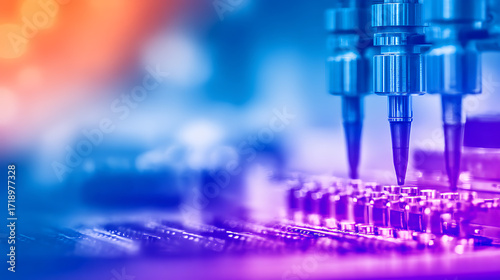Close-up of precision probes testing electronic circuit board with vibrant blue and purple lighting