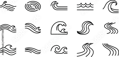 Collection of wave icons showing different styles and shapes of water waves
