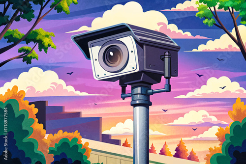 Vector illustration of a CCTV security camera mounted on a lamp post during the day, with clear blue sky background. Modern surveillance, safety, and monitoring concept.