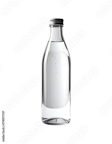 Clear glass bottle with a silver cap, partially filled with clear liquid, featuring a white label with subtle markings