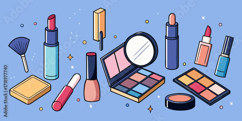 Generate a clean, high-quality image showcasing an array of makeup products, including lipsticks, eyeshadow palettes, blushes, and foundations. The products should be arranged in a floating or scatter