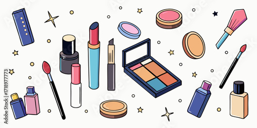 Generate a clean, high-quality image showcasing an array of makeup products, including lipsticks, eyeshadow palettes, blushes, and foundations. The products should be arranged in a floating or scatter