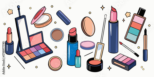 Generate a clean, high-quality image showcasing an array of makeup products, including lipsticks, eyeshadow palettes, blushes, and foundations. The products should be arranged in a floating or scatter