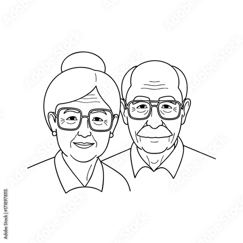 A black and white line art portrait of a smiling elderly couple with glasses.