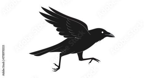 Stylized depiction of a raven, portrayed with sharp outlines and minimalist detailing in stark black and white offering a modern take