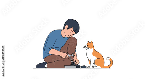Man fixing equipment on the floor with a curious cat watching over his shoulder offering moral support and feline company