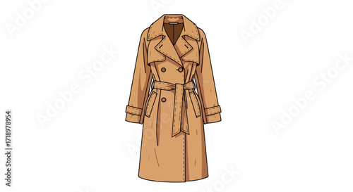 Illustration of a sophisticated double-breasted trench coat with a belt, against a clean, minimalist white background showcases timeless style and