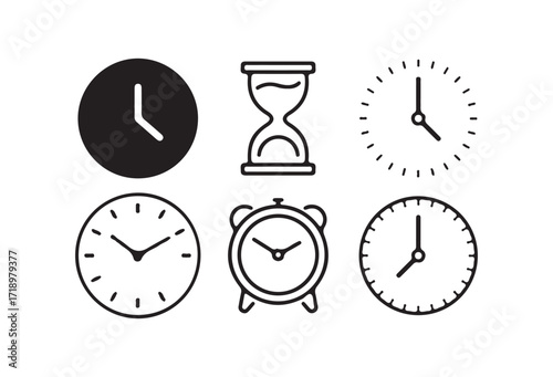 Set of Six Clock Icons, Time Management and Alarm Symbols, Stopwatch and Timer. Vector illustration eps 10