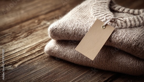 Two stacked light beige sweaters on a rustic wooden surface, a blank tag attached