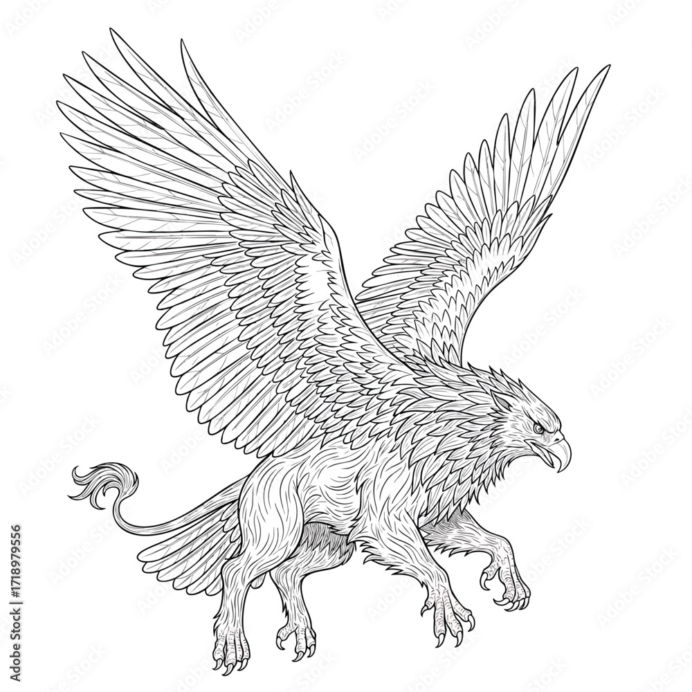 Fototapeta premium A detailed black and white line art illustration of a majestic griffin with its powerful wings spread wide.